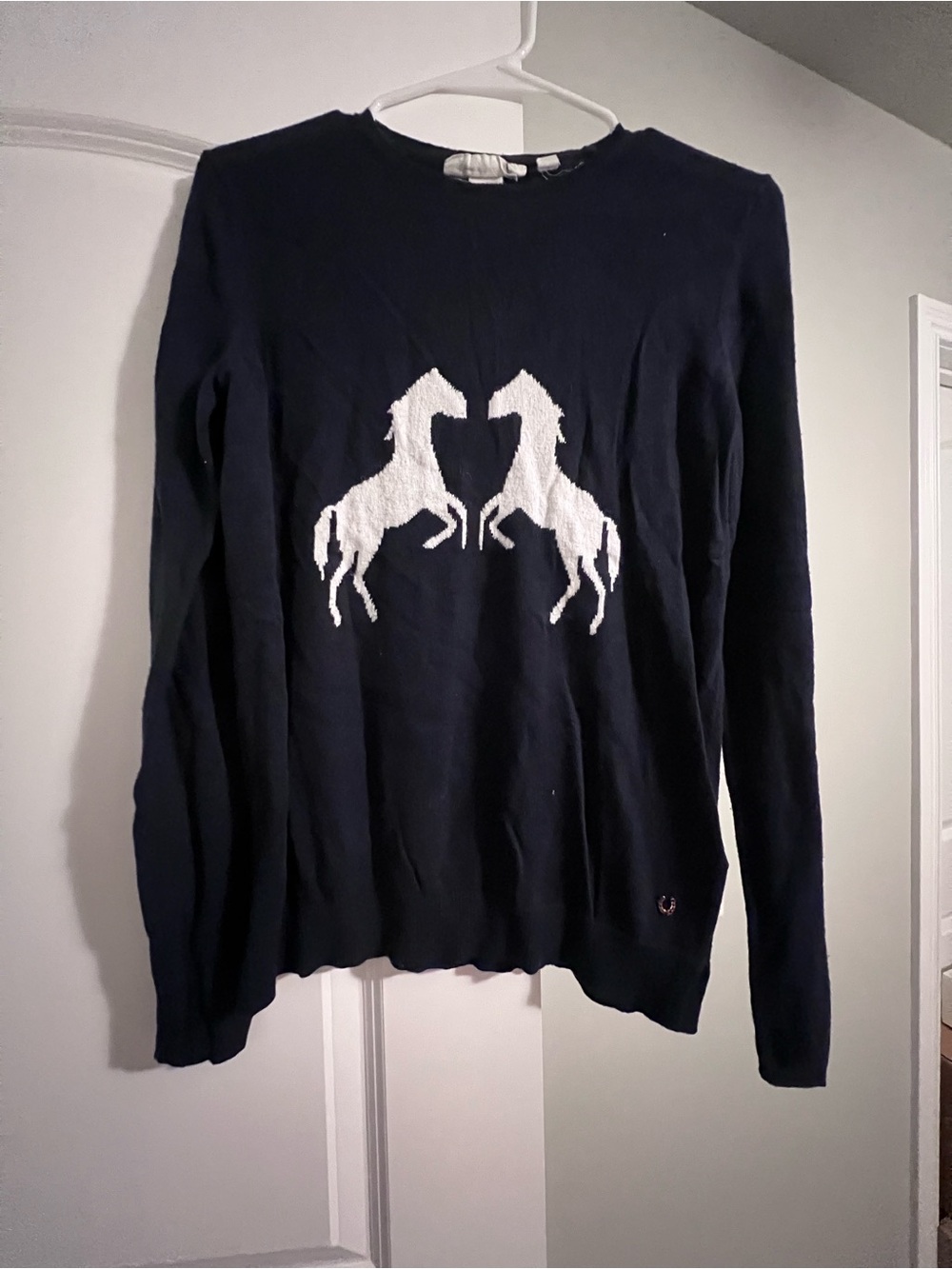 H&M Navy Crewneck Sweater with White Horse Intarsia and horseshoe accent XS